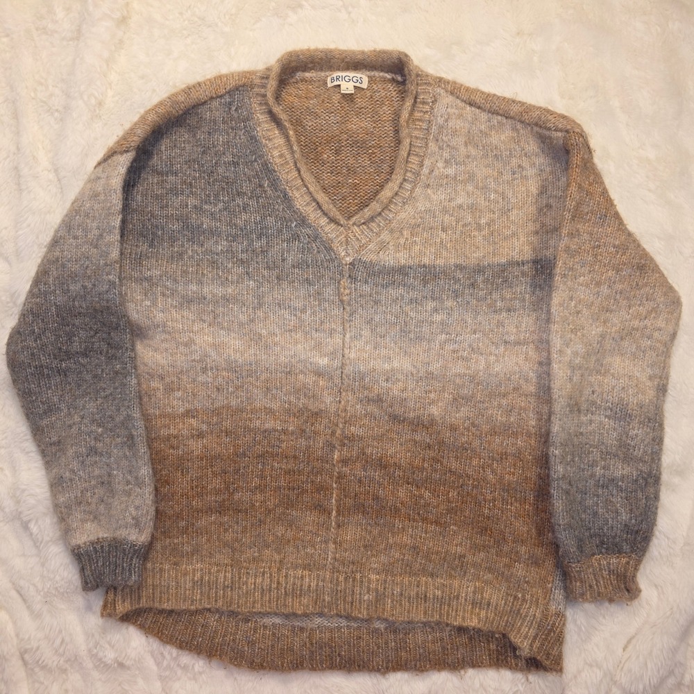 Briggs V-Neck Sweater Womens Small Tan Grey Ombre Excellent Wool Blend Pullover
